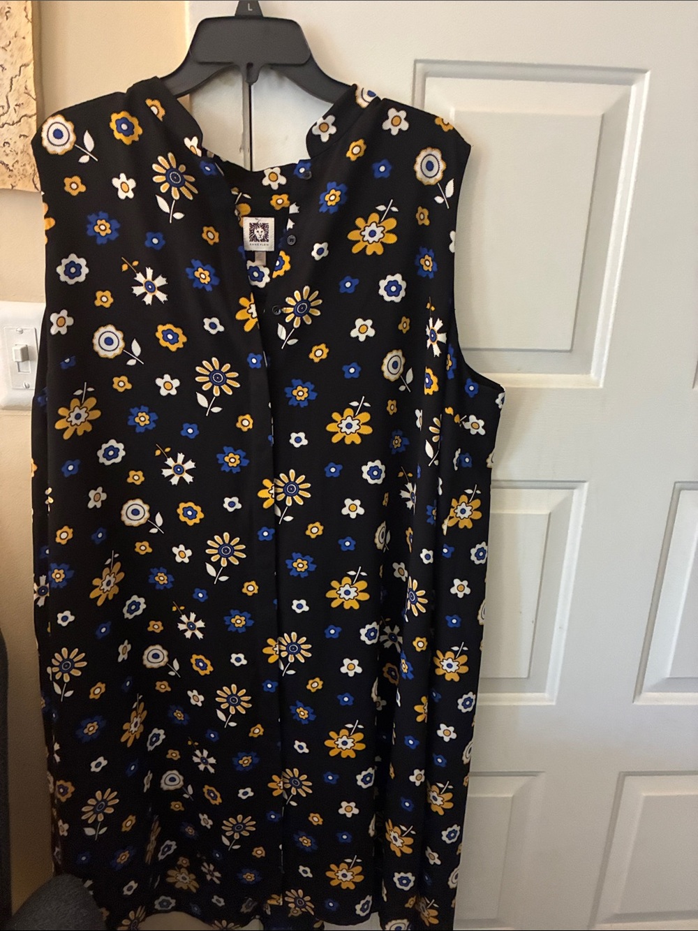 Anne Klein Black Dress with Blue and Yellow Floral Pattern